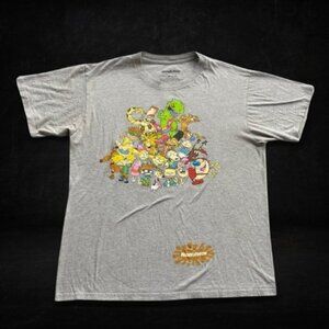Nickelodeon 90s Cartoon Character T-Shirt Crew Neck Nostalgic Graphic Tee Gray M